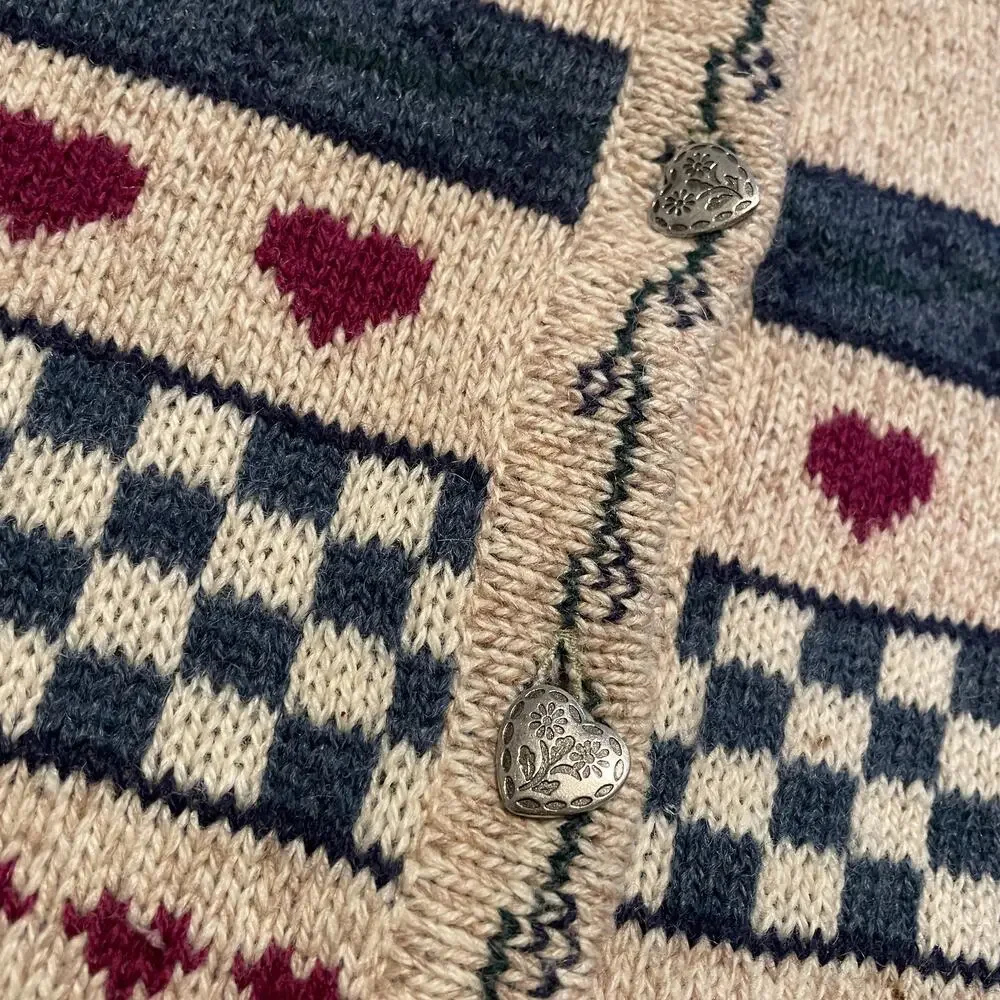 Vintage 90s Eddie Bauer Wool Heart Cardigan Sweater Medium Grandma Cottagecore - Picture 2 of 13